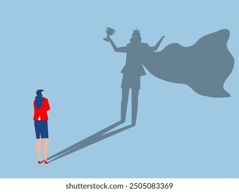 woman standing superhero shadow concept, becoming Leadership a superhero illustration.