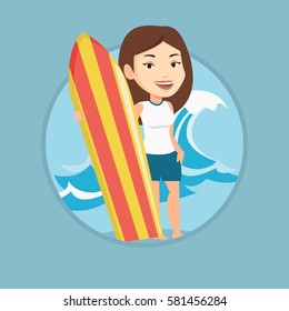 Woman standing with a surfboard on the beach. Surfer with a surf board on the beach. Surfer standing on the background of sea wave. Vector flat design illustration in the circle isolated on background