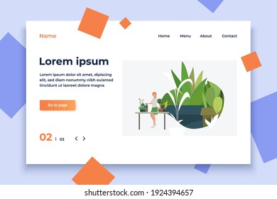 Woman standing at table and watering houseplants in pots. Leaves, nature, agriculture concept. Vector illustration can be used for topics like botany, planting, gardening