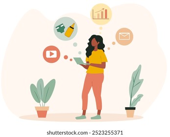 Woman standing with a tablet, surrounded by icons representing business, motherhood, and online media. Minimalistic style with a light background. Concept of multitasking and work-life balance