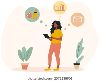 Woman standing with a tablet, surrounded by icons representing business, motherhood, and online media. Minimalistic style with a light background. Concept of multitasking and work-life balance