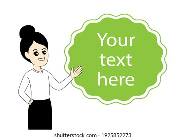 Woman standing with text boxes on white background. Vector illustration.