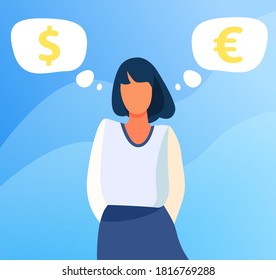 Woman standing and thinking about currency rate. Euro, dollar, cash flat vector illustration. Finance and investment concept for banner, website design or landing web page