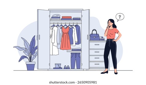 Woman standing thinking about her clothes wardrobe organization and outfit selection