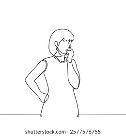 woman standing thinking, hand on hip, other hand to mouth - one line art vector. Handmade vector not Ai