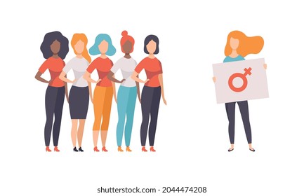 Woman Standing Together with Feminine Sign as Gender Equity Vector Set