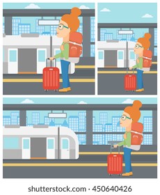 Woman standing at the train station on the background of train with open doors. Young woman with suitcase waiting for a train. Vector flat design illustration. Square, horizontal, vertical layouts.