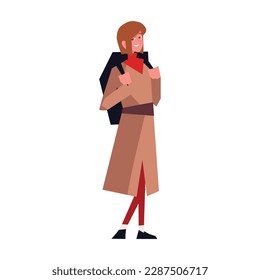 woman standing with travel backpack icon isolated