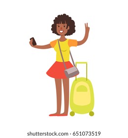 Woman standing with travel suitcase. Colorful cartoon character