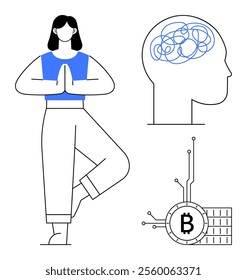 Woman standing in tree pose, human head with tangled neural pathways, Bitcoin circuit. Ideal for mindfulness, mental health, cryptocurrency, technology, digital wellness. Simple line art style