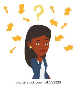 Woman standing under question mark and arrows. Business woman thinking. Thoughtful businesswoman surrounded by question mark and arrows. Vector flat design illustration isolated on white background.