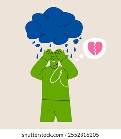 Woman standing under a rain with a broken heart. Colorful vector illustration
