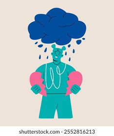 Woman standing under a rain with a broken heart. Colorful vector illustration
