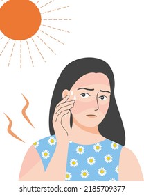 A woman standing under sun light and getting sunburn, flat vector illustration.