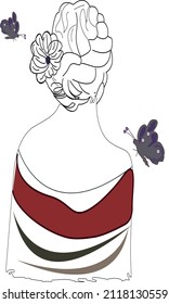 A woman is standing upside down and butterflies are sitting on top of her.