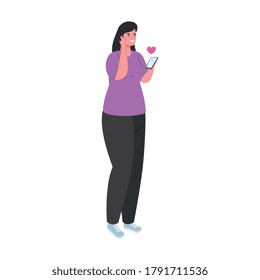 woman standing using smartphone, social media and communication technology concept vector illustration design