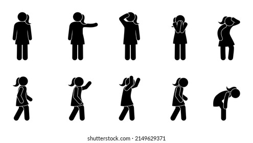 woman standing and walking, basic set of female silhouettes, stick figure icon man