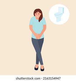 Woman standing and want to pee.  Person with a full bladder need a toilet, desperation and stress. Vector illustration.