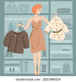 Woman standing in a wardrobe room picking clothes to wear between brown fur coat and white jacket