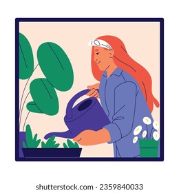 Woman standing with watering can, care about houseplants in pots. Home garden with flowers. Redhead girl in green interior with indoor plants. Female hobby, floriculture. Flat vector illustration