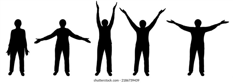 The Woman Is Standing And Waving Her Hands. Physical Exercise In Older Age. Sports And The Elderly. Five Women Stand In A Row And Perform Different Hand Movements. Black Silhouette Isolated On White