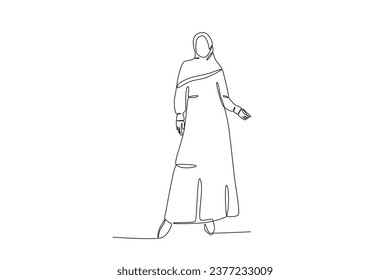 A woman standing wearing an abaya. Abaya one-line drawing