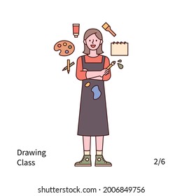 A woman is standing wearing an apron and holding a paintbrush. There are drawing tool icons around. outline simple vector illustration.