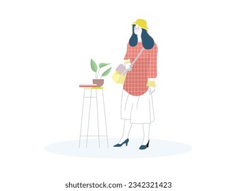 a woman is standing wearing a blouse and skirt, she is also wearing a sling bag, hat and heels, that's her fashion look today
flat design, vector illustration