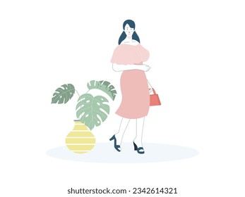 una mujer de pie con un vestido rosa, un bolso rojo y tacones altos de la marina, junto a ella está una planta, esa es su apariencia de moda hoy
diseño plano, ilustración vectorial