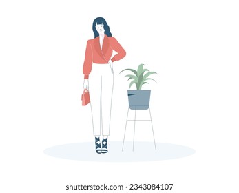 una mujer de pie con una camisa roja y llana, una bolsa de mano roja, pantalones largos blancos y tacones altos de la marina, junto a ella hay una pequeña mesa encima de la cual hay una planta
diseño plano, ilustración vectorial