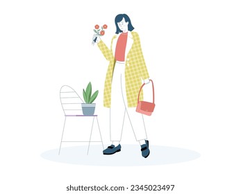 mujer de pie con camisa roja y ropa interior amarilla, con pantalones blancos, pelo corto, con una flor, también lleva un bolso de mano rojo y zapatos navales informales, diseño plano, ilustración vectorial 