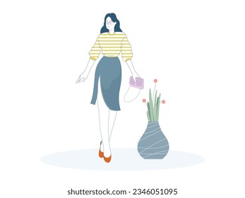 una mujer está de pie con una camiseta de rayas, con falda, pelo largo, gafas, con un bolso y también lleva tacones altos rojos, junto a sus plantas
diseño plano,vector