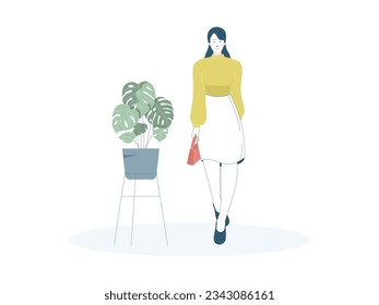 una mujer de pie con una blusa amarilla, una bolsa de mano roja, una falda blanca y tacones altos de la marina, junto a ella hay una mesita encima de la cual hay una planta
diseño plano, ilustración vectorial