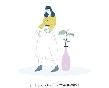 una mujer de pie con una blusa amarilla con un patrón, con una falda blanca, el pelo largo, llevando un bolso y también lleva tacones altos grises, junto a ella hay una planta
diseño plano,ilustración vectorial