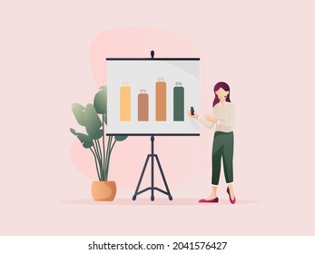 Frauen stehen während einer Präsentation. Flaches Design Illustration über eine Präsentation.