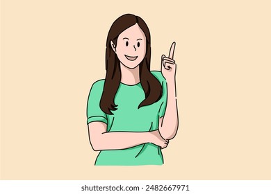 The woman is standing while pointing her finger to indicate she has an idea. Flat image