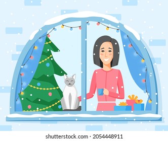 Woman standing in window decorated with lamp garland. Girl, cat and Christmas tree. Winter holidays illustration. Vector in flat style