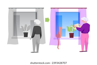 Woman standing at the window watering plants, vector illustration on white. Elderly smiling lady with cat, back view. Female character in cartoon style. Design concept about lonely