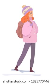 Woman standing in winter clothes outside. Happy girl in warm jacket and hat, standing in snow with backpack. Outfit for park walk vector illustration. Outdoor leisure activity.