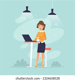 Mujer trabajando en una computadora, vida de oficina, negocios, programador, análisis de datos, estadísticas. Ilustración vectorial de diseño plano.