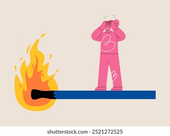 Woman standing worried on burning matches. Countdowns concept. Colorful vector illustration
