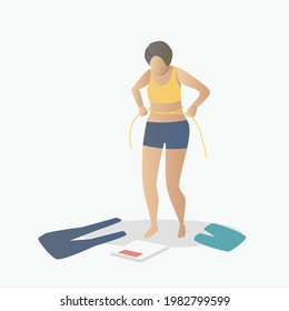 Woman standing worry about her body shape and weight,She felt uncomfortable,Tape measure at the waist and plump it up,Old pants can't fit properly,It's time to lose weight for health,illustration.