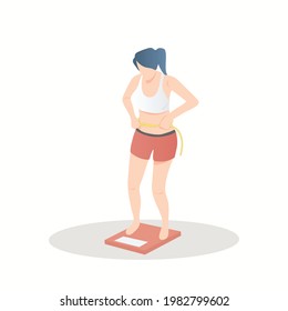 Woman standing worry about her body shape and weight,She felt uncomfortable,Tape measure at the waist and plump it up,Old pants can't fit properly,It's time to lose weight for health,illustration.