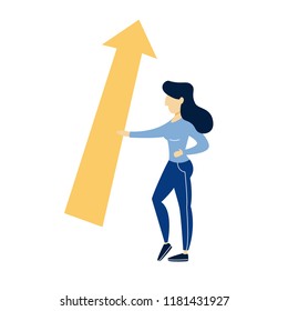 Woman standing at the yellow arrow pointing up. Moving in right direction. Going towards success. Isolated flat vector illustration