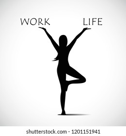 woman standing in yoga pose and balancing between work and life vector illustration EPS10