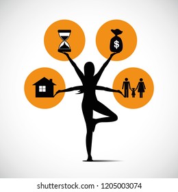 woman standing in yoga pose and balancing between family time money and job vector illustration EPS10