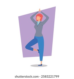 Woman standing in yoga pose, balancing gracefully with one leg lifted. Girl is focused and calm, dressed in comfortable clothing. Harmony and balance concept