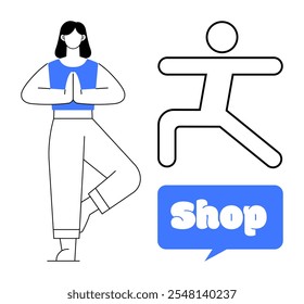 A woman standing in a yoga pose beside a simplistic figure doing a different yoga position. Ideal for yoga studios, online fitness shops, wellness apps, health blogs, meditation guides. Minimalist