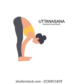 Woman in standing yoga pose. Young girl exercising, training body in Uttanasana asana, standing position, stretching posture. Vector illustration isolated on white background