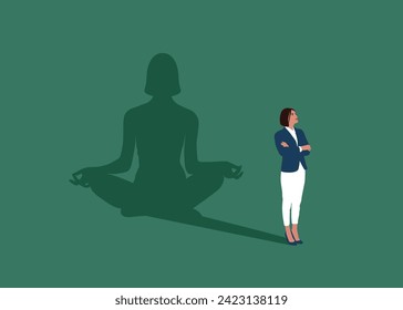 Woman standing with yoga shadow in lotus meditation with positive energy. Stress management, meditation. Flat vector illustration.